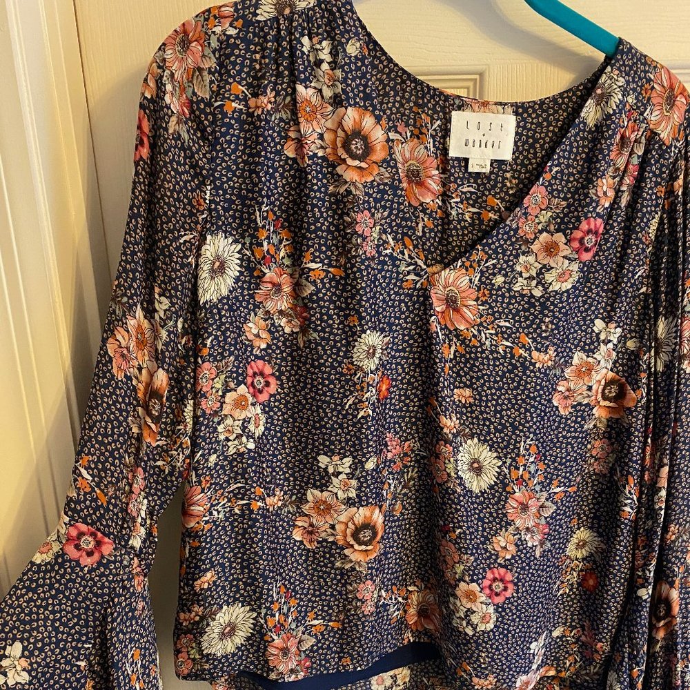 Navy floral print long sleeve blouse